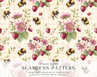 Motif transparent abeilles et fraises : papier numérique Summertime Cottagecore, motif de conception de surface correct à usage commercial