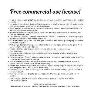Puede incluir: Un documento blanco con texto negro que detalla una licencia de uso comercial gratuita. El texto enumera varias aplicaciones, incluyendo la creaci&oacute;n de logotipos, scrapbooking, dise&ntilde;o de tarjetas, impresi&oacute;n digital, textiles, embalaje de productos, dise&ntilde;o web, edici&oacute;n de fotos, planificadores, POD, presentaciones visuales, libros, proyectos escolares, decoraciones de fiestas y dise&ntilde;os de sublimaci&oacute;n.