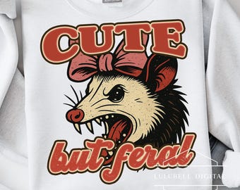 Feral Possum PNG: Vintage Coquette Opossum Typography T-Shirt Graphic, Funny Angry Possum Sublimation Design