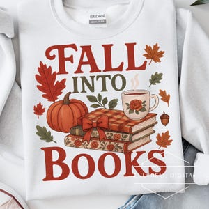Fall Into Books PNG: grafica accogliente per maglietta da lettura autunnale, design a sublimazione per amanti dei libri con zucca