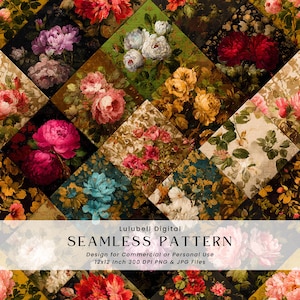 Pode incluir: Um design de padrão sem costura com um patchwork de arranjos florais em várias cores, incluindo rosa, vermelho, amarelo e azul. O design inclui o texto "SEAMLESS PATTERN" e "12x12 Inch 300 DPI PNG & JPG Files".