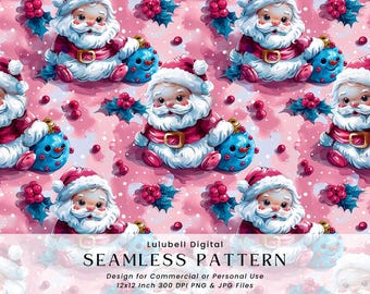 Kawaii Santa Seamless Pattern: Retro Santa Claus Digital Paper, Christmas PNG For Commercial Use