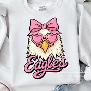 Pink Bow Eagles Mascot PNG: Coquette Team T-Shirt Graphic, Heart Sunglasses Cheer Sublimation Design