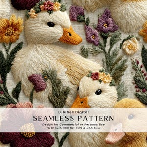 Może przedstawiać: Bezszwowy wzór przedstawiający haftowane kaczki z kwiatowymi koronami i kolorowymi kwiatami. Kaczki mają kremowe pióra, pomarańczowe dzioby i czarne oczy. Tekst "Lulubell Digital SEAMLESS PATTERN" znajduje się na dole. Projekt ma wymiary 30.48cm x 30.48cm.