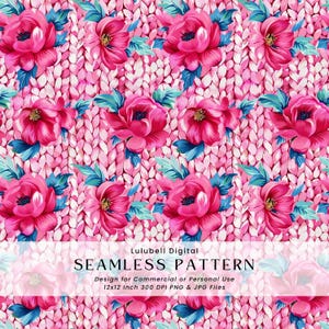 May include: Seamless pattern featuring vibrant pink peonies with blue-green leaves set against a light pink knit texture background. The design includes the text "SEAMLESS PATTERN" and details for commercial or personal use, 12x12 inch files.