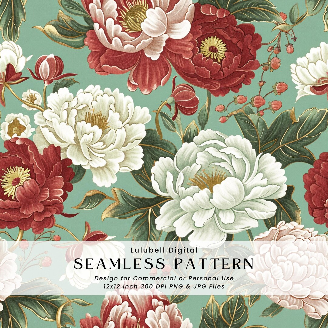 Chinoiserie Floral Seamless Pattern: Botanical Peony Digital Paper, Red ...