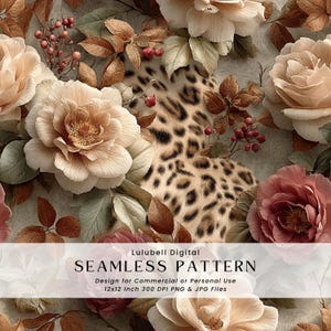May include: A seamless pattern design featuring large, detailed roses in shades of cream, peach, and burgundy, interspersed with brown leaves and red berries. A leopard print pattern is visible in the background. The text "SEAMLESS PATTERN" is displayed.