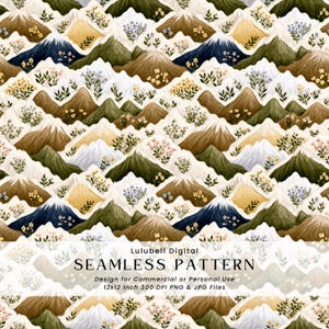 May include: A seamless pattern featuring stylized mountain ranges in shades of green, brown, yellow, and blue, with white snow-capped peaks. Delicate floral accents are scattered throughout the design. The text "SEAMLESS PATTERN" is displayed at the bottom.