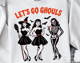 Let’s Go Ghouls PNG: Retro Halloween Pinup Ladies T-Shirt Graphic, Girl Gang Sublimation Design