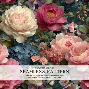 Puede incluir: Un patrón floral sin costuras con grandes flores en tonos rosa, crema y morado sobre un fondo verde azulado oscuro. El diseño incluye peonías, hortensias y otras flores. El texto "SEAMLESS PATTERN" es visible, junto con detalles sobre el formato de archivo y el uso.