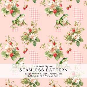 May include: A seamless pattern featuring a repeating design of green frogs, strawberries, and white flowers on a light pink background. The design includes gingham accents and the text "SEAMLESS PATTERN". The pattern is 12x12 inches.
