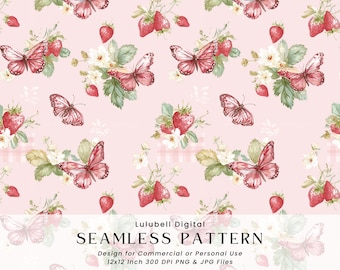 Schmetterlings-Erdbeer-nahtloses Muster: Cottagecore-Garten-Digital-Papier, kommerzielle Nutzung Okay Surface Design Pattern