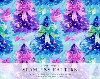 Preppy Christmas Trees Seamless Pattern: Pastel Holiday Digital Paper, Coquette PNG For Commercial Use