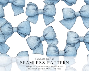 Blue Satin Bows Seamless Pattern: Coquette Baby Ribbon Digital Paper, Preppy Nursery Bow Background