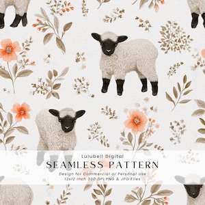 May include: A seamless pattern featuring white lambs with black faces and legs, interspersed with peach-colored flowers and brown foliage on a white background. The text "SEAMLESS PATTERN" is displayed below the image, along with the text "Design for Commercial or Personal Use 12x12 Inch 300 DPI PNG & JPG Files."