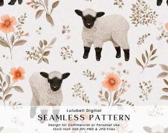 Baby Lamb Seamless Pattern: Adorable Farm Animal Floral Digital Paper, Cottagecore Lambs Kids Background