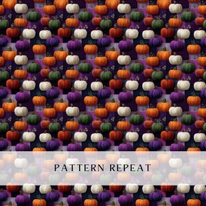 Puede incluir: Un patr&oacute;n repetitivo de calabazas en varios colores, incluyendo naranja, blanco, verde y morado, dispuestas sobre un fondo morado a cuadros. El texto "PATTERN REPEAT" se muestra en la parte inferior.