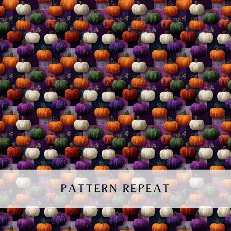Puede incluir: Un patr&oacute;n repetitivo de calabazas en varios colores, incluyendo naranja, blanco, verde y morado, dispuestas sobre un fondo morado a cuadros. El texto "PATTERN REPEAT" se muestra en la parte inferior.
