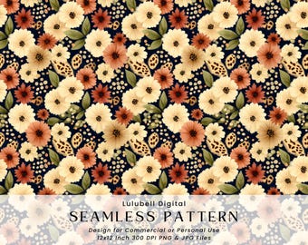 May include: Seamless floral pattern featuring cream, rust, and yellow flowers with green leaves and leopard print accents on a navy blue background. The design includes the text "SEAMLESS PATTERN".