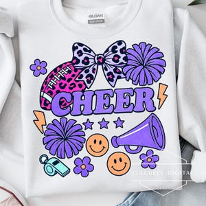 Purple Bow Cheerleader PNG: Retro Leopard Football Collage T-Shirt Graphic, Neon Pom-Poms Sublimation Design