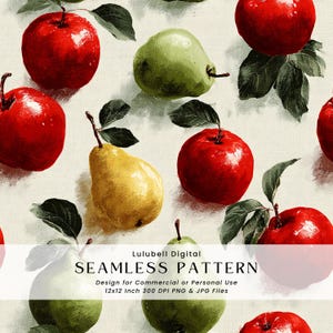 May include: A seamless pattern featuring red apples, green and yellow pears, and dark green leaves. The fruits are arranged on a light beige background. The text "SEAMLESS PATTERN" is visible at the bottom of the image.