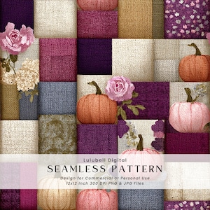 以下が含まれることがあります： ベージュ、紫、緑など、さまざまな色のテクスチャ加工された正方形のパッチワークを特徴とするシームレスパターンデザイン。デザインにはカボチャと花の要素が組み込まれており、「SEAMLESS PATTERN」というテキストと製品の詳細が含まれています。