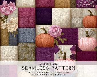 Jewel-Tone Pumpkin Patchwork Seamless Pattern: Rustic Autumn Quiltcore Digital Paper, Trendy Fall Country Background