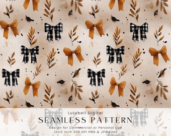Autumn Bows Seamless Pattern: Rustic Gingham Cottagecore Digital Paper, Coquette Fall Background Design