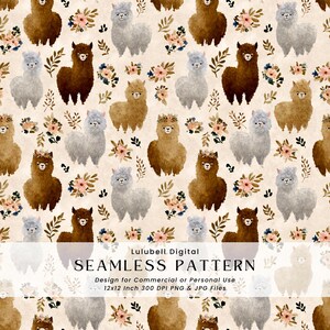Alpaca Meadow Seamless Pattern: Cottagecore Floral Digital Paper, Commercial Use Okay Surface Design Pattern