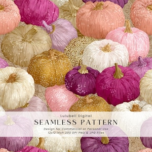 May include: A seamless pattern featuring a variety of pumpkins in shades of pink, purple, gold, and cream. The pumpkins have textured surfaces and green stems. The text "SEAMLESS PATTERN" is displayed below the pumpkins.