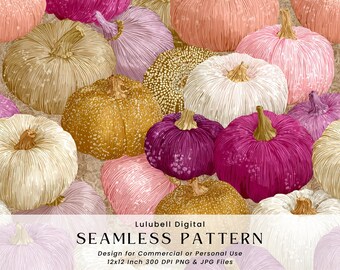 Pink Pumpkin Patch Seamless Pattern: Golden Autumn Pumpkins Digital Paper, Cottagecore Harvest Background Design