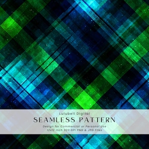 May include: Abstract seamless pattern in shades of blue and green with diagonal lines and geometric shapes. The design includes the text "SEAMLESS PATTERN" and details about the file format and usage.