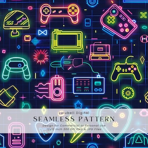 Puede incluir: Diseño de patrón sin costuras con ilustraciones de estilo neón de mandos de videojuegos retro, consolas y otros elementos de juego. El diseño incluye el texto "Lulubell Digital SEAMLESS PATTERN" y "Design for Commercial or Personal Use 12x12 Inch 300 DPI PNG & JPG Files".