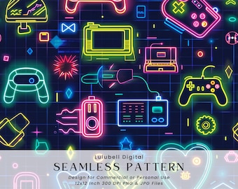 Nahtloses Neon-Gaming-Muster: Retro-Konsole Arcade-Digitalpapier, Videospiel- Controller Hintergrund