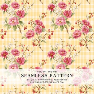 May include: Seamless pattern featuring watercolor floral bouquets with pink peonies, white blossoms, and red berries on a yellow gingham background. The text "SEAMLESS PATTERN" is displayed. Design for commercial or personal use.