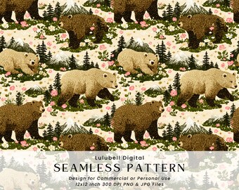 Mountain Bears Seamless Pattern: Rustic Wilderness Digital Paper, Commercial Use Okay Surface Design Pattern