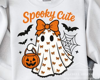 Spooky Cutie Ghost PNG: Kawaii Trick or Treating T-Shirt Graphic, Coquette Halloween Sublimation Design