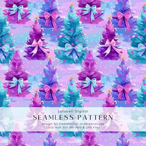 May include: A seamless pattern featuring stylized Christmas trees in shades of purple, blue, and teal. Each tree is adorned with bows and ornaments. The design includes the text "SEAMLESS PATTERN" and "Lulubell Digital".
