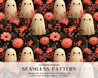Halloween Ghost Floral Seamless Pattern, Spooky Cute Autumn Digital ...