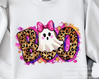 Leopard Boo Ghost PNG: Pink Glitter Bow Halloween T-Shirt Graphic, Trendy Splatter Sublimation Design