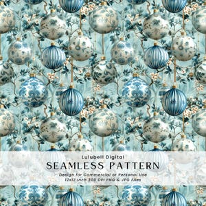 May include: A seamless pattern featuring blue and white Christmas ornaments with floral designs. The ornaments are suspended against a light blue background with a floral pattern. The text "SEAMLESS PATTERN" is displayed at the bottom, along with other details.