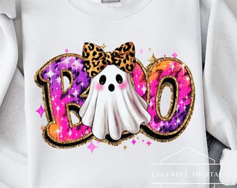 Boo Ghost PNG: Preppy Leopard Bow T-Shirt Graphic, Girly Glitter Halloween Sublimation Design