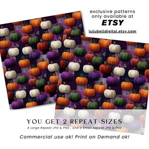 Puede incluir: Dos impresiones de arte digital con un patr&oacute;n repetido de calabazas en naranja, blanco, verde y morado sobre un fondo morado a cuadros. Las impresiones incluyen el texto "exclusive patterns only available at Etsy" y "YOU GET 2 REPEAT SIZES".