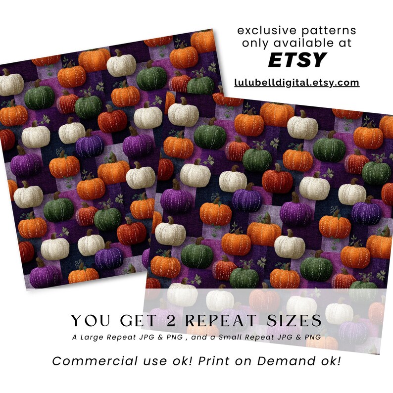 Puede incluir: Dos impresiones de arte digital con un patr&oacute;n repetido de calabazas en naranja, blanco, verde y morado sobre un fondo morado a cuadros. Las impresiones incluyen el texto "exclusive patterns only available at Etsy" y "YOU GET 2 REPEAT SIZES".