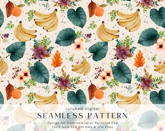 May include: Watercolor seamless pattern featuring bananas, oranges, and tropical leaves in shades of yellow, orange, green, and purple. The design includes floral arrangements and is set against a cream-colored background. The text "SEAMLESS PATTERN" is visible.