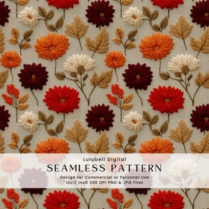 May include: A seamless pattern featuring embroidered flowers and leaves in shades of red, orange, cream, and brown. The design includes various floral and foliage elements, with the text "SEAMLESS PATTERN" and product details.