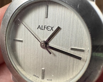 Vintage 1990s Alfex Swiss Made Watch Minimalist Stainless Steel Leather Strap