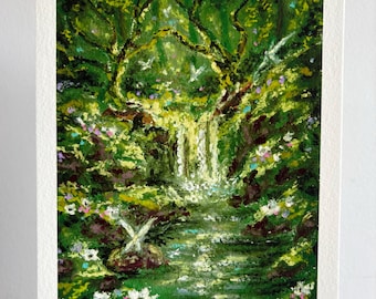 Impresión artística Giclée: «Secretos del bosque», un paisaje al pastel al óleo de edición limitada.