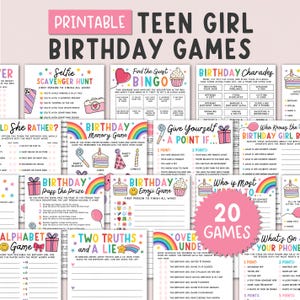 10代の女の子向け誕生日ゲームセット、プレティーンやティーンエイジャー向けのスイート16パーティーゲーム（印刷可能）、10代前半のパジャマパーティーのアイデア、デジタルダウンロード