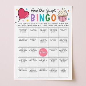 May include: A white Bingo game card with colorful text and illustrations. The card features the words "Find the Guest Bingo" and includes various prompts to find guests who match the descriptions. A fun party game.